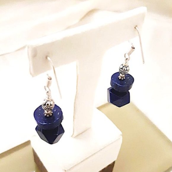 Genuine Blue Lapis Lazuli Dangled Earrings 925 Silver French Wire Pierced Ears - Picture 4 of 9